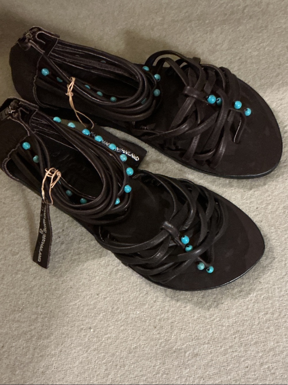 Black Strappy Sandals with Turquoise Bead Accents by Unknown Brand